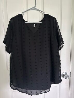 Zenana Outfitters Black V-Neck Dotted Swiss Short Sleeve Blouse